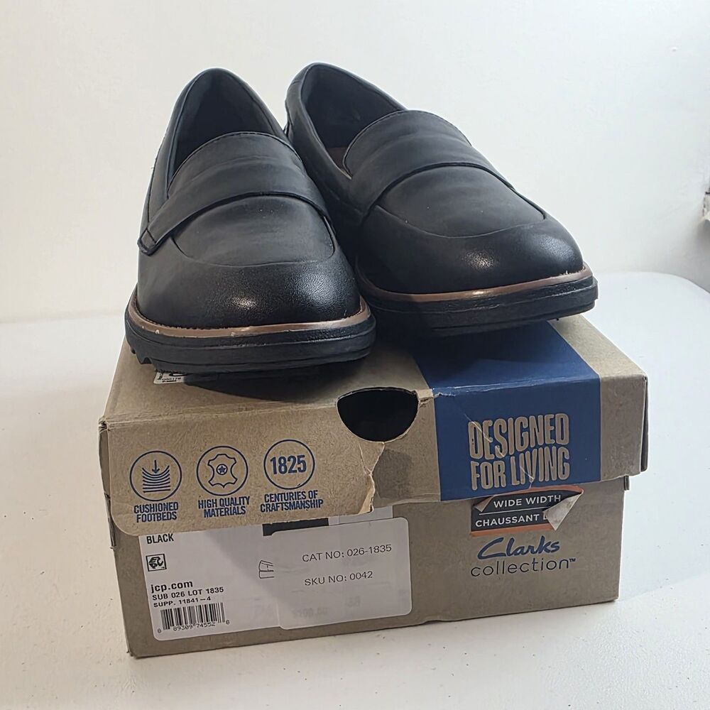 Clarks Collection Sharon Gracie Black Wedge Slip On Loafers Womens Sz 7.5W New - Picture 8 of 9